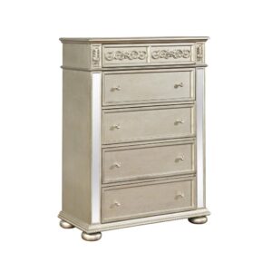 Add valuable storage space to a glam bedroom theme with this six drawer chest from the Heidi collection. This glam chest displays a metallic platinum finish for a luxurious look. Mirrored accent panels adorn the frame for added luxe appeal. Two small top drawers offer space to organize delicate items
