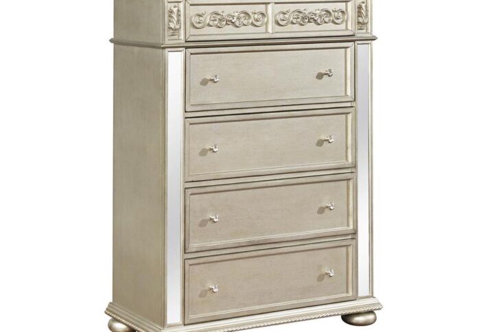 Add valuable storage space to a glam bedroom theme with this six drawer chest from the Heidi collection. This glam chest displays a metallic platinum finish for a luxurious look. Mirrored accent panels adorn the frame for added luxe appeal. Two small top drawers offer space to organize delicate items