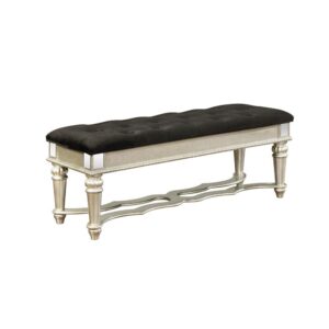 Put the final touch of luxury in that glamorous bedroom with this upholstered bench from the Heidi collection. This upholstered dressing bench displays a shimmering metallic platinum finish