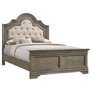 the elegant headboard offers deep button-tufted padding wrapped in a cream linen-like fabric