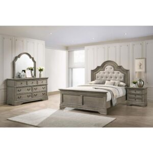 Create the ultimate bedroom retreat with this four-piece bedroom set in a gray undertone wheat finish. Spacious drawers adorned with dark bronze hardware offer a striking contrast and accent as the headboard and framed mirror offer graceful lines with a scalloped bonnet arch. Most notably