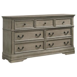 this dresser offers a timeless style and natural hue that complements numerous color palettes and decor styles. Each drawer front edge is outlined in wood molding details and adorned with dark bronze bail drop pulls and round knobs that offer dimension and contrast. Felt-lined top drawers also provide a space to keep delicate items and accessories. As part of a larger bedroom set