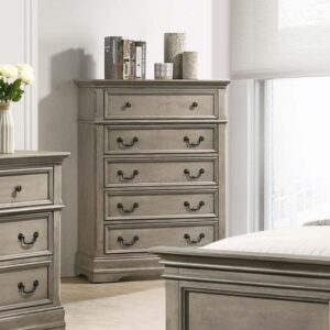 Traditional wood molding details offer dimension and grace to this transitional five-drawer chest. With a wheat finish over gray undertones