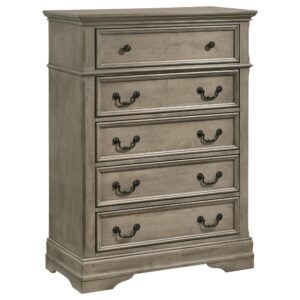 this chest of drawers offers a neutral tone that lends itself to many existing color palettes. Each chest drawer is surrounded by wood molding trim and fastened with dark bronze bail drop pulls and round knobs that offer contrast against the rustic-inspired finish. Finally
