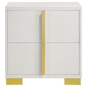 this two-drawer nightstand features a versatile finish with accenting from gold finish metal