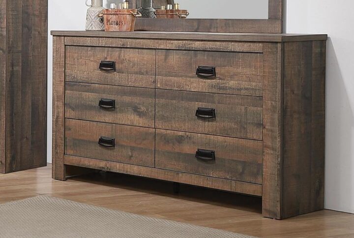 A rough sawn wood finish lends rustic appeal to this beautiful six-drawer dresser. Each drawer is topped with a dark bronze bail handle for a subtle decorative touch. The angular silhouette makes it a perfect match for a country inspired decor. The generous drawers provide plenty of space to accommodate an extensive wardrobe. Exclusive to Coaster