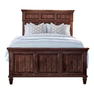 Set an elegant tone in your serene sleep space with this magnificent traditional bed featuring an abundance of style. The exclusive Coaster design is in a weathered burnished brown finish that showcases gorgeous wood grain details. The imposing headboard and footboard both feature clean lines and a paneled design that draws the eye. It also features solid wood