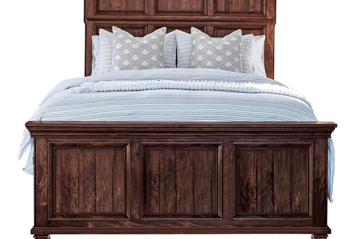 Set an elegant tone in your serene sleep space with this magnificent traditional bed featuring an abundance of style. The exclusive Coaster design is in a weathered burnished brown finish that showcases gorgeous wood grain details. The imposing headboard and footboard both feature clean lines and a paneled design that draws the eye. It also features solid wood
