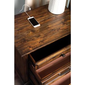 this solid wood nightstand is a stylish choice. The black felt lined top drawer is perfect for storing valuables. Two cedar lined bottom drawers keep belongings well preserved and smelling fresh. With a USB charging port conveniently built in