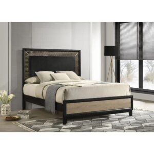 Look for artistry in a fashionable bed that turns your boudoir into a fabulous place of style and relaxation. This glam-inspired bed pulls out all the artisan stops with a touch of Art Deco style modernized to fit today’s style needs. Its extra-tall headboard features construction of wood and wood products with a decadent cutout border trim embellishment. A black finish headboard and side rails complement a soft light brown natural wood-look footboard inset. The striking design scheme of this sleek bed begins an entire transformation of a master or guest suite.
