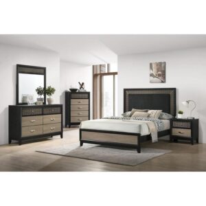 Look for artistry in a fashionable bed that turns your boudoir into a fabulous place of style and relaxation. This glam-inspired bed pulls out all the artisan stops with a touch of Art Deco style modernized to fit today’s style needs. Its extra-tall headboard features construction of wood and wood products with a decadent cutout border trim embellishment. A black finish headboard and side rails complement a soft light brown natural wood-look footboard inset. The striking design scheme of this sleek bed begins an entire transformation of a master or guest suite.