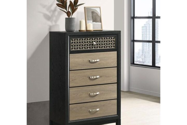 Attention to detail sharpens the decadent look of your modern or transitional master or guest bedroom suite. This artisan-inspired five-drawer chest creates an exceptional look with tasteful and attractive detail. Wood and wood products construction offers a sturdy feel in a chest with a versatile finish duo of black and light brown. Decadent cutout trim on its upper drawer embellishes an already chic look with a tempting geometric pattern. Metal drawer hardware accompanies English dovetail construction and easy opening on Kenlin glides.