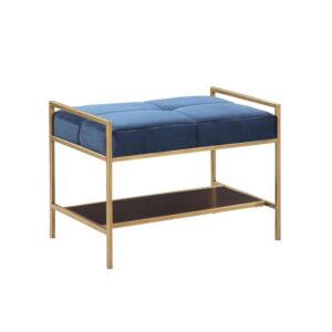 this modern gold bench is the epitome of modern design. Add luxury to any space with the two plump blue fabric pillows