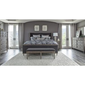 sand blasted wood finish with just the right amount of French grey for an elegance that permeates your sleep space. The headboard and footboard are upholstered with opulent charcoal grey matte velvet that you have to feel to believe. Both are also crafted with wraparound wings and are fully framed for an innovative design. Tapered legs add the finishing touch to a bed that effortlessly blends different tones and materials for a masterpiece that takes center stage in your bedroom.
