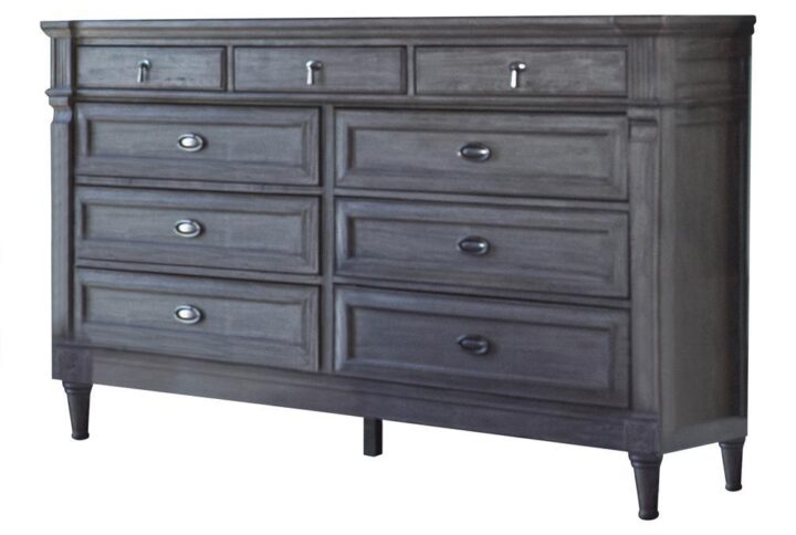 Enhance the elegant ambiance of your home with the updated transitional design of this nine-drawer dresser. It's fashioned in a gorgeous classic French neoclassical design reimagined for today's discerning tastes. The stunning sand blasted wood finish is crafted with just the right amount of French grey. The drawers are built with antique silver metal finished pendant and ring pull hardware