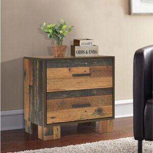 Revel in the nature-inspired flavor of a piece that defines a contemporary space with an abundance of earthy elegance. Notable gradations stand out in the rustic pine finish of this two-drawer nightstand. Strive for a cabin motif in this contemporary nightstand with dark bronze matte metal hardware and linear styling. Finished drawer boxes with front and rear English dovetail construction and center drawer glides ensure smooth operation