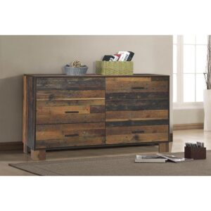 Create a forested retreat in a contemporary master or guest suite. Notable gradations stand out in the rustic pine finish of this six-drawer dresser. Strive for a cabin motif in this contemporary dresser with dark bronze matte metal hardware and linear styling. Finished drawer boxes with front and rear English dovetail construction and center drawer glides ensure smooth operation