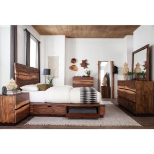 Function meets contemporary styling in this four-piece bedroom set suitable for any master bedroom. Each piece of the collection has a smokey walnut finish with rich wood grain accents. The eastern king bed has an appealing two-piece headboard and storage compartments on the side. More storage space is featured in the nightstand and dresser