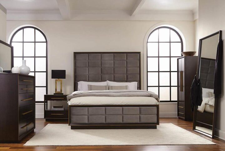 Pull a bedroom together with exquisite elegance. This eastern king bed is covered in beautiful upholstery for a soft