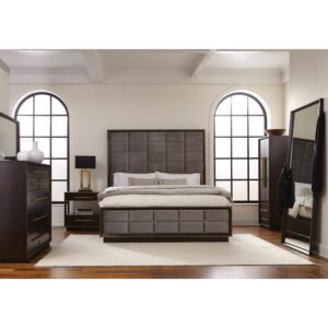 Create an interesting visual in a modern bedroom with the geometric features from this eastern king four-piece bedroom set. The high upholstered headboard adds depth and warmth with a smoked peppercorn finish. Versatile in style