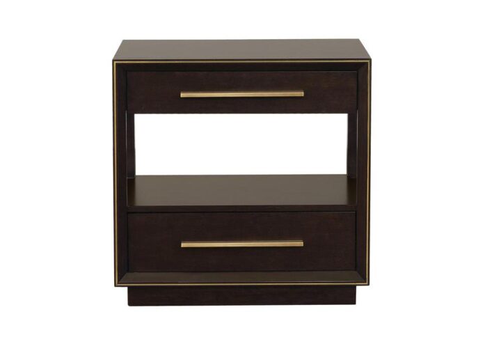 Inspire a retro feel in a modern bedroom with this stunning two-drawer nightstand. Elongated metallic drawer pulls protrude from flat drawer fronts