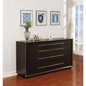 Embrace a retro feel in a modern bedroom with this stunning nine-drawer dresser. Elongated metallic drawer pulls protrude from flat drawer fronts