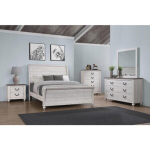 Elevate a bedroom to new heights of style.This country inspired bedroom set has everything you need to complete your personal space.The sleigh bed boasts a classic plank style design with a curved headboard and footboard.The rectangular mirror opens up a room while adding beauty and balance to the decor.The dresser