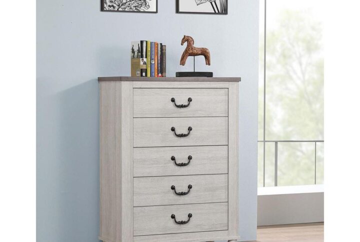 The two-tone design of this transitional five-drawer chest makes for a charmingly inviting presence in your bedroom. It features a classic design with delightful complementary tones and features that fit any transitional or traditional space. The spacious rectangular tabletop is crafted in an ash brown that goes well with the charming vintage linen finish. Each drawer is adorned with bail drop-down handles in a deep matte antique bronze that accentuates the wood grain details of the finish. The chest rests on delicate bun feet for the finishing touch to the design of this fabulous rustic-inspired accent piece.