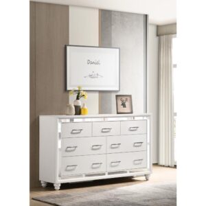 An on-trend seven-drawer dresser puts a twist on the typical two-tone design. It features a modern glam design that upgrades the fab factor of any bedroom. The dresser is crafted with a white and silver finish that will brighten up any contemporary home. The drawers are adorned with lustrous chrome bling pull handles