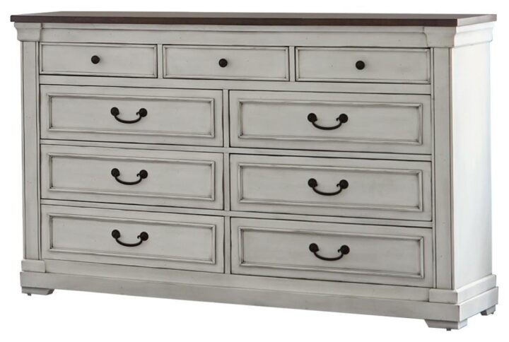 Instantly implement country chic living into your sleeping space with this immaculate nine-drawer dresser. The drawers are crafted on self-closing glides to make it easy to use and even easier to love. Stylish black hardware contrasts beautifully with this white finish. A dark rum tabletop provides plenty of storage space for small decorative items and essentials. This piece is crafted from Asian hardwood and supported on block style feet.