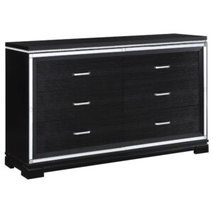 this dresser offers a bold look to a bedroom suite. Glimmering against the deep black finish is six drawers with a strong wood grain pattern for a bit of extra texture. Modern sensibilities top it all off with black felt-lined top drawers where you can keep jewelry and delicate items. This bedroom essential is also elevated by sturdy bracket feet.