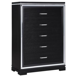 this glam five-drawer chest offers a luxe look while offering up floor space with its tall