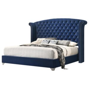 Every morning you'll wake up like you're living in a castle with this exquisite traditional style upholstered bed. An elegantly dramatic wingback style headboard makes a stunning focal point in your sleeping space. Adorned with nail head trim and button tufting