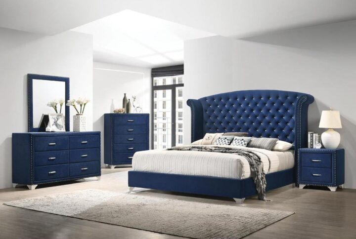 Accent your sleeping space like never before with this five-piece bedroom set. A dramatically large wingback headboard towers over the bed to make a grand display