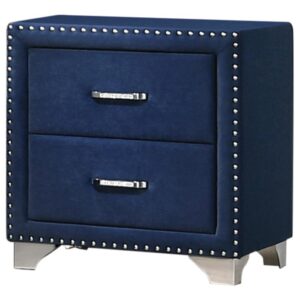 this nightstand is a conversation starter. It has two spacious drawers to store your bedside items. Nail head trim makes a glorious statement that matches the tapered legs. With its stunning and regal design