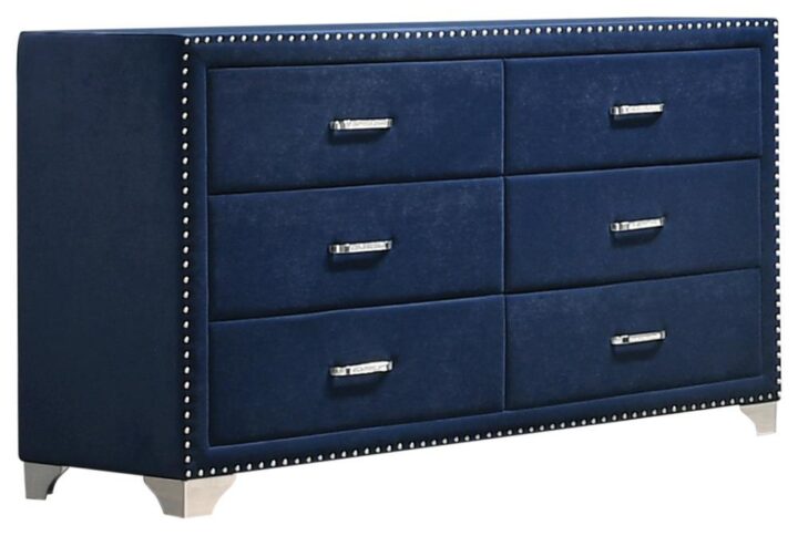 Give outdated sleeping spaces a facelift with this eye-popping and elegant dresser. Entirely upholstered in velvet