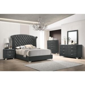 Accent your sleeping space like never before with this four-piece bedroom set. A dramatically large wingback headboard towers over the bed to make a grand display