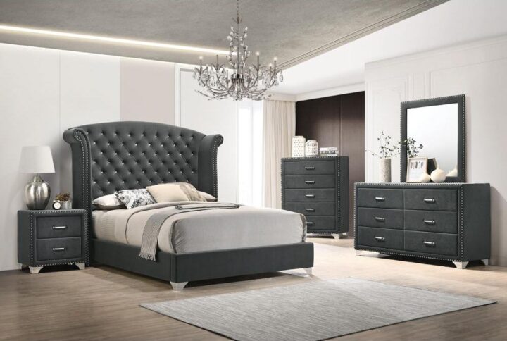 Accent your sleeping space like never before with this four-piece bedroom set. A dramatically large wingback headboard towers over the bed to make a grand display
