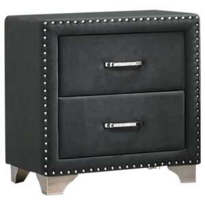 this nightstand is a conversation starter. It has two spacious drawers to store your bedside items. Nail head trim makes a glorious statement that matches the tapered legs. With its stunning and regal design