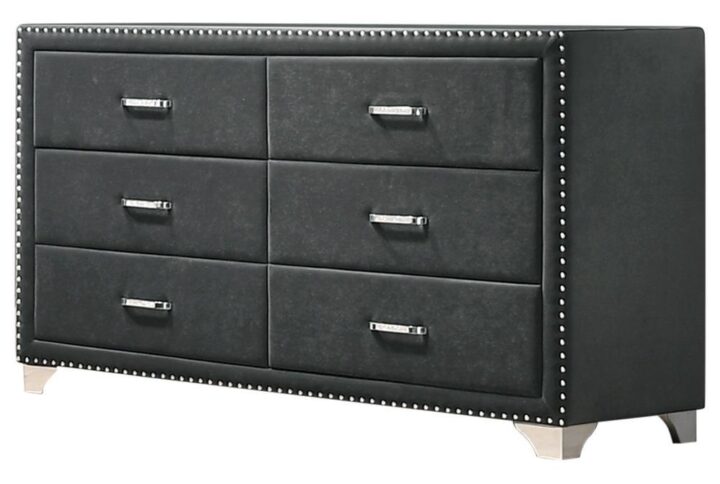 Give outdated sleeping spaces a facelift with this eye-popping and elegant dresser. Entirely upholstered in velvet