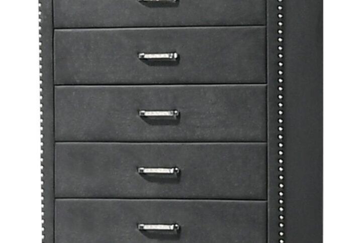 Three cheers for a chest that transforms your sleeping space. A five-drawer chest is readily equipped to store your garments while looking gorgeous. It's uniquely upholstered in velvet fabric for an extra luxurious impression. Nail head trim enhances the appearance while matching the tapered feet. This piece is a bold upgrade while offering a stylish storage solution.