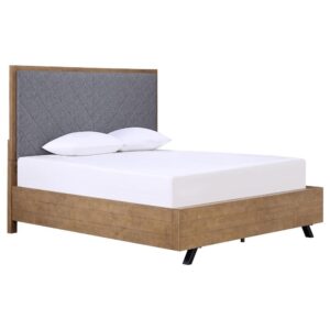 contemporary bed and headboard frame in a light honey brown finish