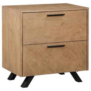 designed in a neutral light honey brown finish and accented with bold matte gunmetal angled legs and slim drawer pulls. Thoughtful details like a soft felt-lined top drawer