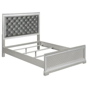this glam bed frame boasts supreme style and sophistication. Opposite the padded headboard is a low-profile footboard