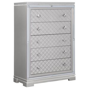 glam five-drawer chest. The stack of spacious drawers showcases a dual crocodile and diamond embossed surface