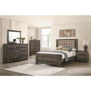The mountains are calling and you'll find this four-piece bedroom set ready to enhance your cabin-esque bedroom. A panel bed is crafted with a tall headboard that's upholstered with padded fabric and button tufting. Keep the two-drawer nightstand at your bedside and place reading materials and other small essentials. A nine-drawer dresser brings plenty of organization to your space