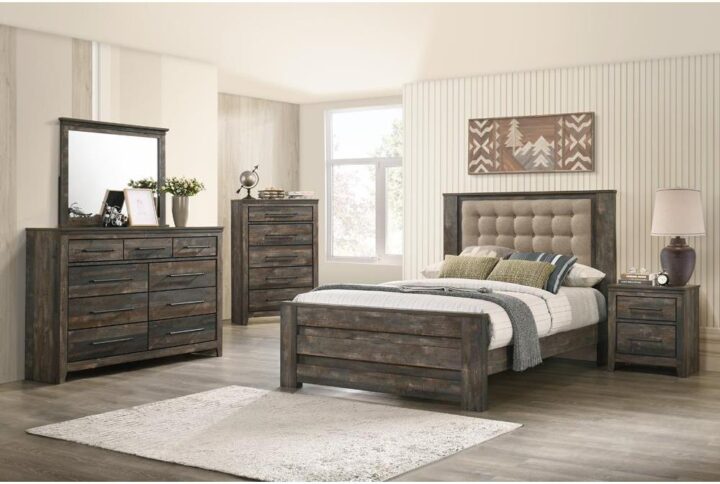 The mountains are calling and you'll find this four-piece bedroom set ready to enhance your cabin-esque bedroom. A panel bed is crafted with a tall headboard that's upholstered with padded fabric and button tufting. Keep the two-drawer nightstand at your bedside and place reading materials and other small essentials. A nine-drawer dresser brings plenty of organization to your space