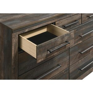 this nine-drawer dresser is ready to organize your sleeping space. Its rustic style is enhanced with a weathered brown finish that adds warmth and aesthetic allure. Extra-long bar pulls