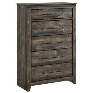 Your garments will finally feel organized within this five-drawer chest. Its spacious drawers easily glide open with the assistance of the extra wide dark bronze bar pulls. The top drawer is felt-lined for storing small and treasured items. Enjoy the allure of the warm weathered brown finish that adds to its rustic flair. This piece is crafted from durable 3D paper veneer.