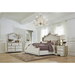 this set is inspired by French Provincial decor. Crystal-like accents make their presence known within the button tufting. Gorgeous nailhead trim adds the finishing touch on this upholstered bedroom set.